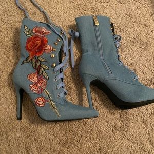 Denim Floral Boots